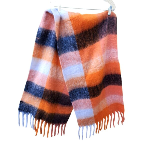 Cozy Wool Blend Shawl Winter Scarf Fringe Orange Black White 75 x 20 In Chunky - Picture 3 of 10